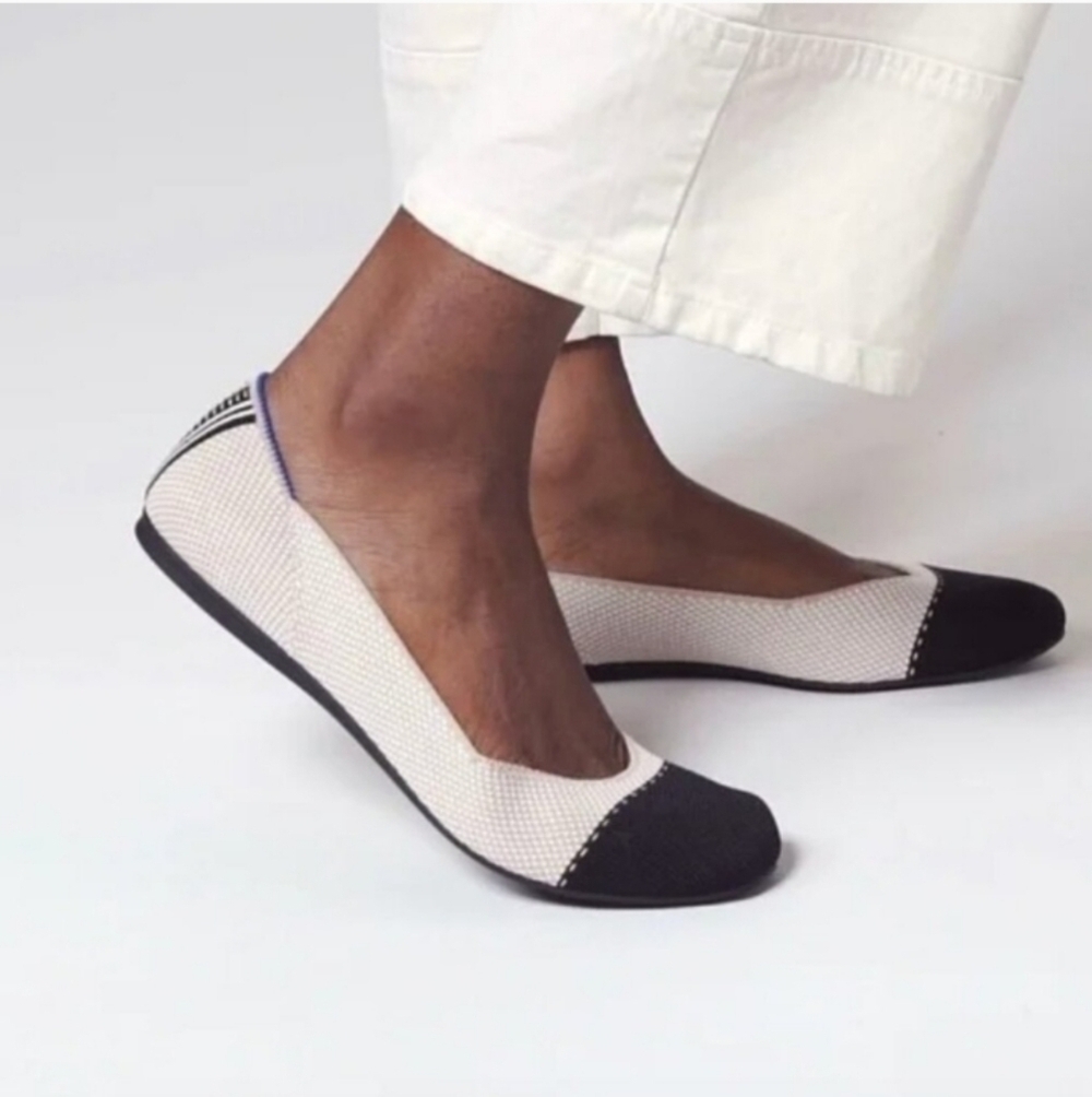 Rothy's The Square Toe Ballet Flat In Classic Boho Cream And Black Tuxedo Captoe